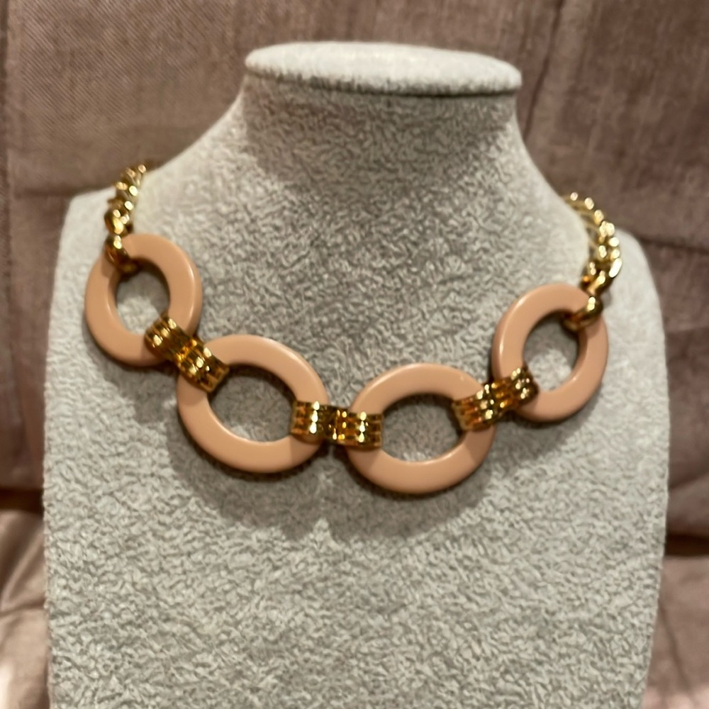 Beige & Gold Ring Necklace Lucite 20”